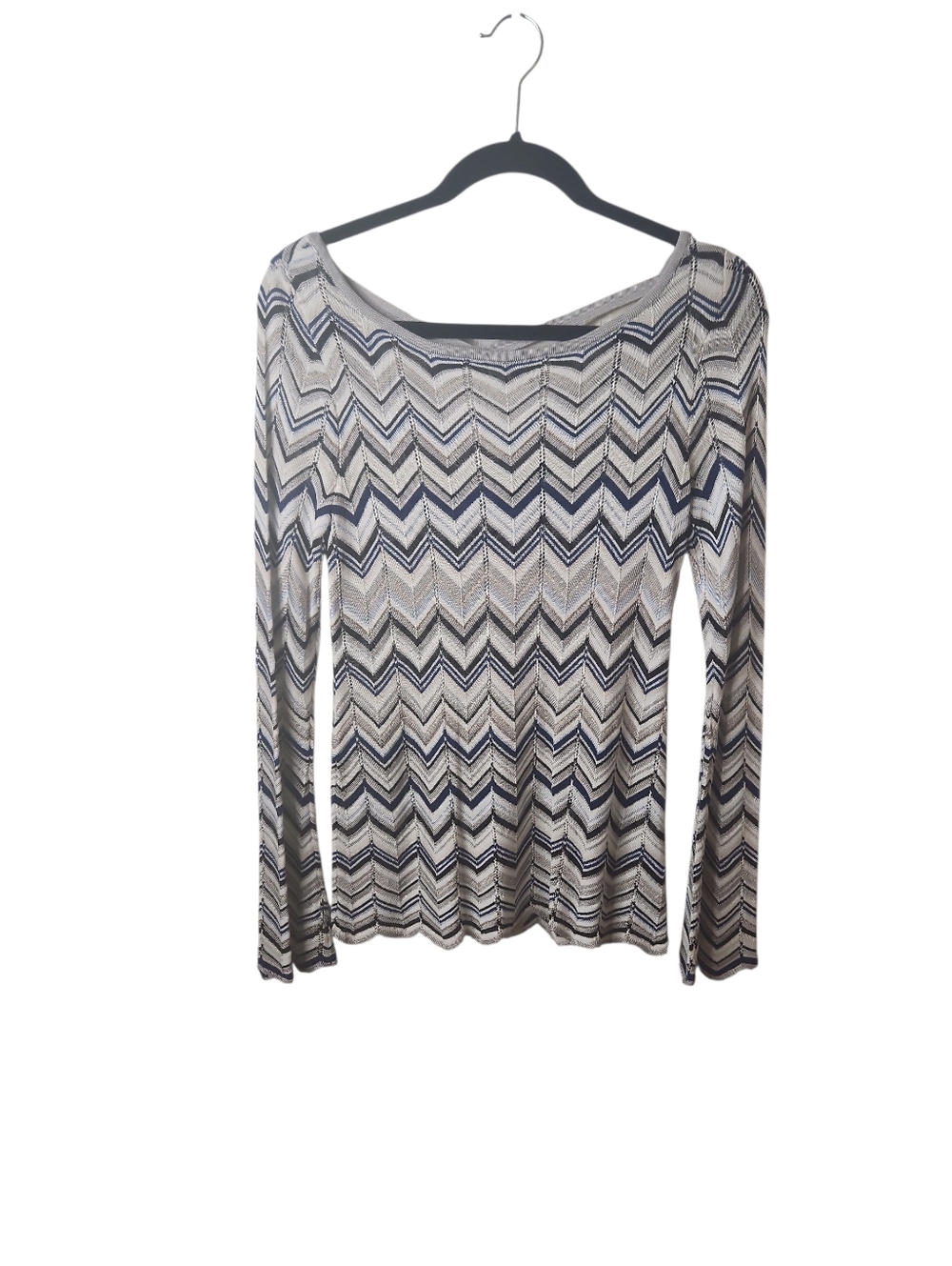 NWOT WHBM Women’s Chevron Long Bell Sleeve Top in Blue and Gray Size XS